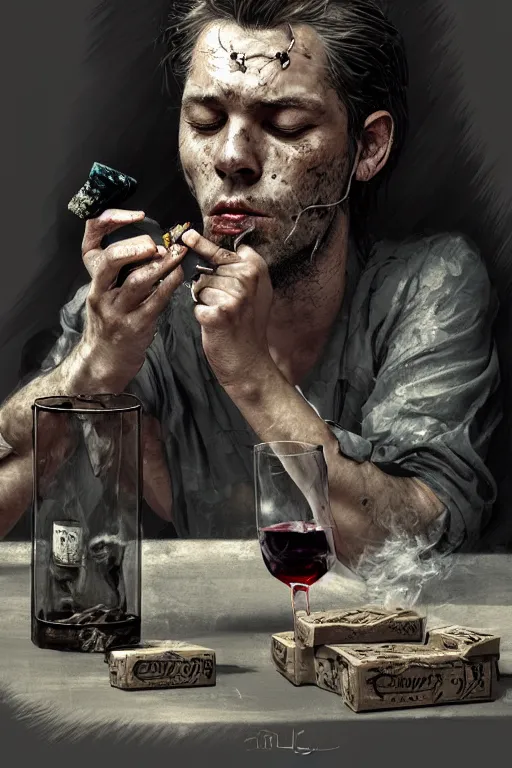 Image similar to dirty faced and very tired man looking pile smoking a winebottle, drugs, cigarrette boxes at the table, fantasy, intricate, elegant, highly detailed, digital painting, artstation, concept art, addiction, chains, smooth, sharp focus, illustration, art by Ilja Repin