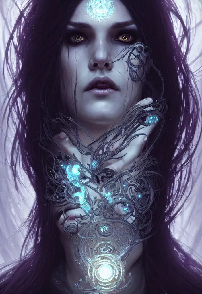 Image similar to Necromancer Sorceress face in center, fantasy magic, undercut hairstyle, dark light night, intricate, elegant, sharp focus, illustration, highly detailed, digital painting, concept art, matte, art by WLOP and Artgerm and Greg Rutkowski and Alphonse Mucha, masterpiece