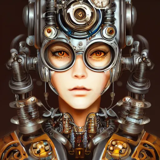 Prompt: portrait painting of a steampunk cyborg robot princess, ultra realistic, concept art, studio ghibli, intricate details, eerie highly detailed