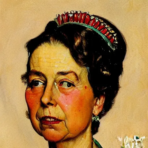 Prompt: Frontal portrait of the queen of avocados. A painting by Norman Rockwell.