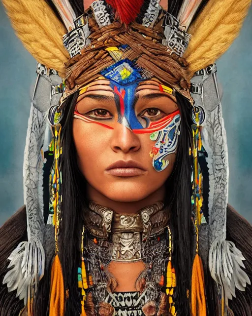 Prompt: digital painting of a warrior cuextecatl woman by filipe pagliuso and justin gerard, symmetric, fantasy, detailed, intricate, portrait, sharp focus, tarot card, handsome