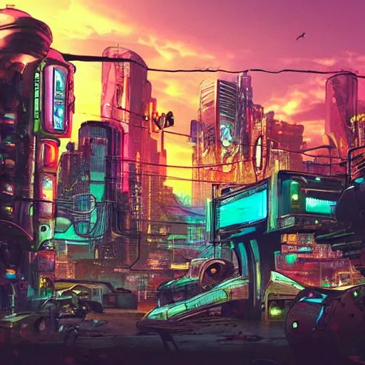 Prompt: beautiful graffiti on a wall, cyberpunk, happy mood, futuristic, high detail, sunset, realistic