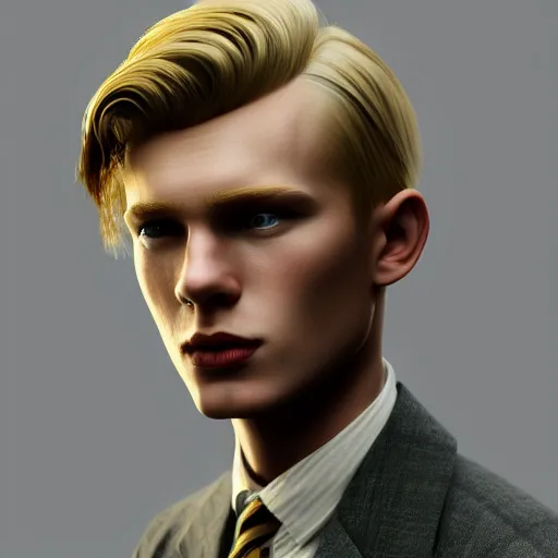 Prompt: A videogame portrait of a blond young Irish man with high cheekbones. Good bone structure. Dressed in 1940s style. Highly detailed, fine Art, high detail, great lighting, 8k resolution, masterpiece, concept art, illustration, clear eyes, painting oil on canvas, octane render, HDR, trending on artstation, 4k, 8k, HD