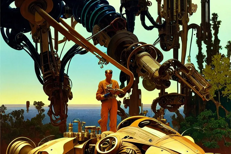 Image similar to natural american landscape | robot repairing another robot, painting by syd mead and weta studio, alphonso mucha, james jean, frank frazetta, highly detailed, rule of third, soft lighting, 8 k resolution, oil on canvas, architectural magazine, beautiful detailed, insanely intricate details, artstation trending, hypermaximalistic, high details, cinematic