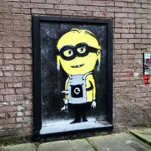 Image similar to Banksy graffiti of a minion,