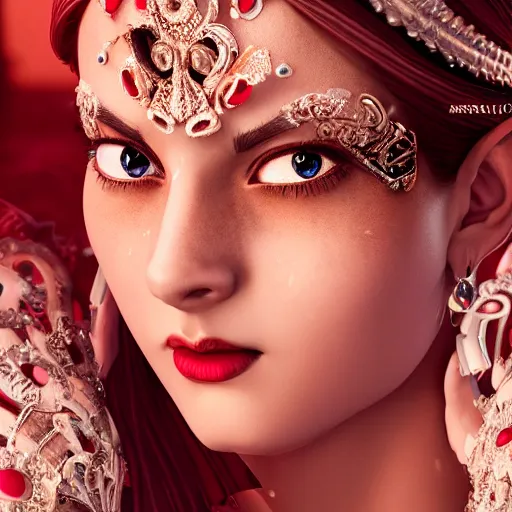 Image similar to photograph of wonderful princess with smooth fair skin, alluring eyes, red jewelry, breathtaking, elegant, ornate, intricate, hyper detailed, accent lighting, dramatic light, 4 k octane render