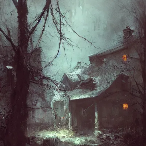 Prompt: an old well, old house in background, horror, dramatic lighting, lovecratian, painted by raymond swanland, painted by greg rutkowski, painted by jeremy mann, painted by artgerm, painted by igor kieryluk, trending on artstation