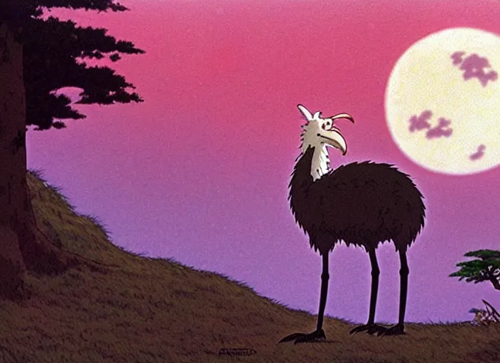 Image similar to a still from a studio ghibli movie of a cartoon ostrich from princess mononoke ( 1 9 9 7 ), in front of a pale full moon, full body, wide shot, very dull muted colors, studio ghibli, highly detailed, deviantart, art by artgem