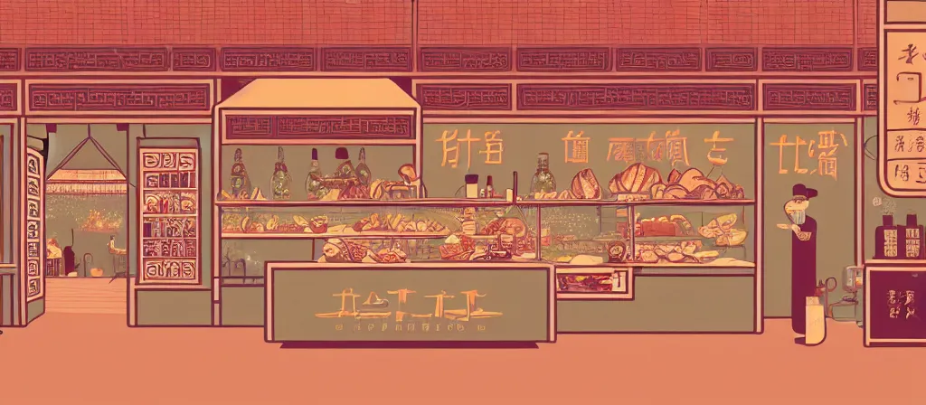 Image similar to a beautiful simple 4 k hd wallpaper illustration of interior view of the corner of roasted string hotpot shop, simple style, from china, with merchant logo, simple structure, surrealistic, chinese style, victo ngai, james jean, denoise, deblurring