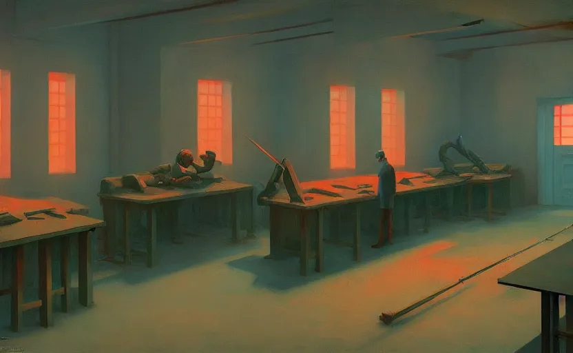 Image similar to Inside Soviet factories gulag, very coherent, painted by Edward Hopper, Wayne Barlowe, painted by James Gilleard, airbrush, art by JamesJean