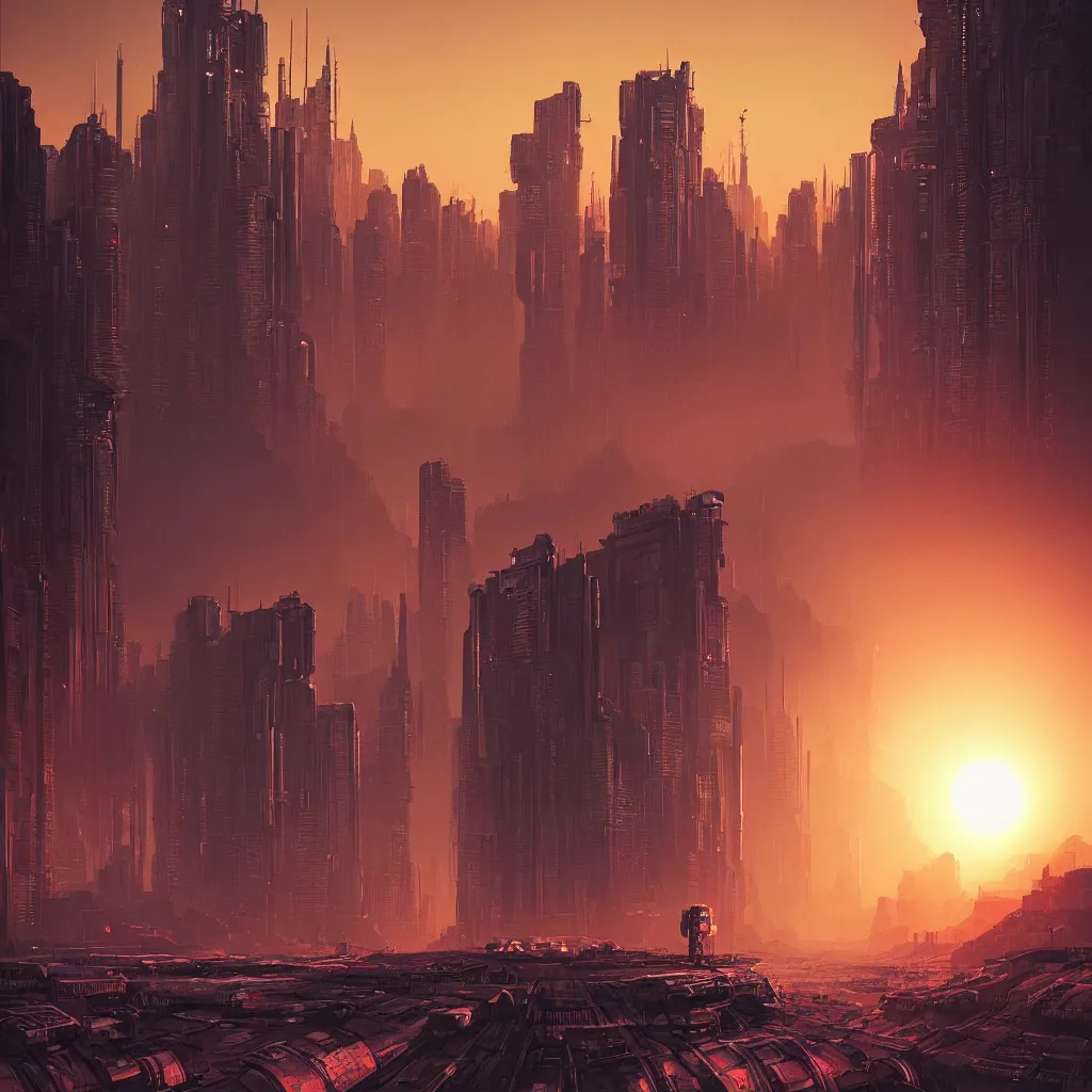 Prompt: the sun is setting over a city on mars, cyberpunk art by alena aenami, featured on deviantart, digital art, matte drawing, matte painting, speedpainting
