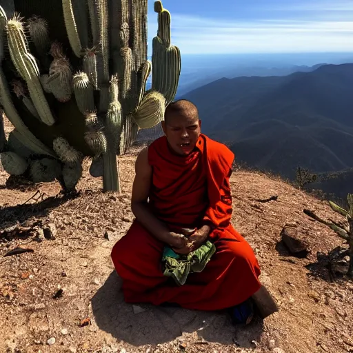 Prompt: monk sitting on a cactus chair on a mountaintop