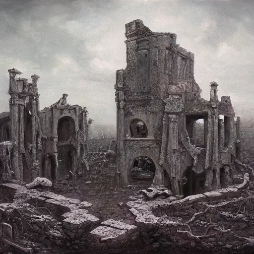 Prompt: a old victorian town ruin, made of bones and flesh, 4 k, trending on artstation, oil painting, beksinski