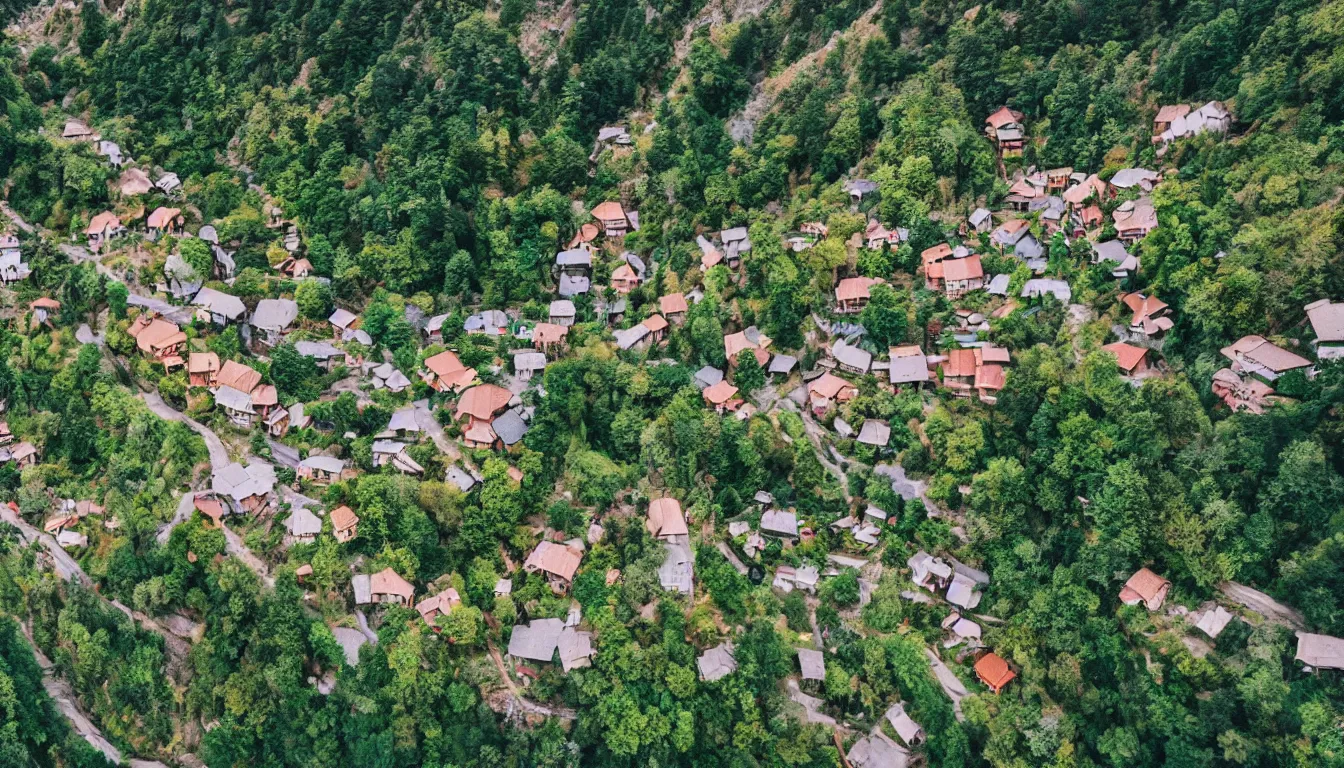 Prompt: hidden village in the mountains, drone shot, highly detailed, beautiful scenery