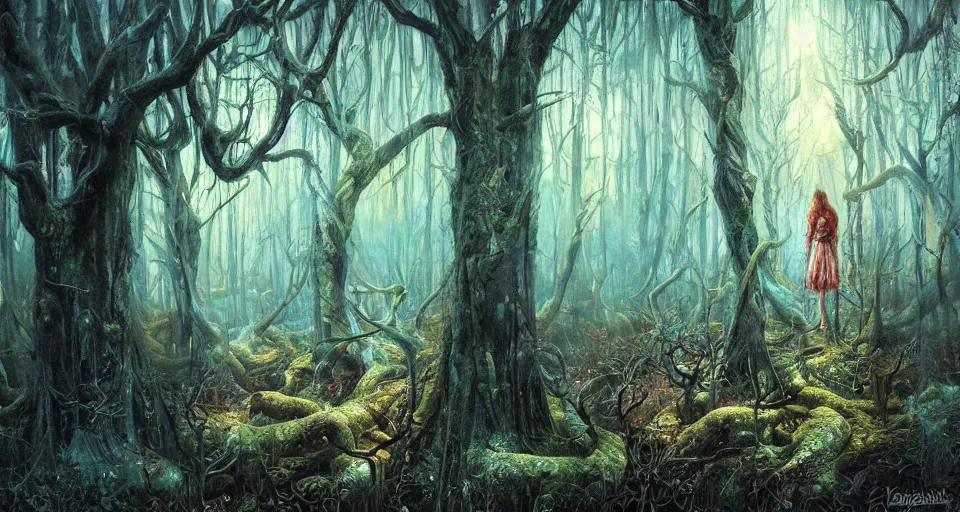 Image similar to A dense and dark enchanted forest with a swamp, by Karol Bak, by Gainax Co,