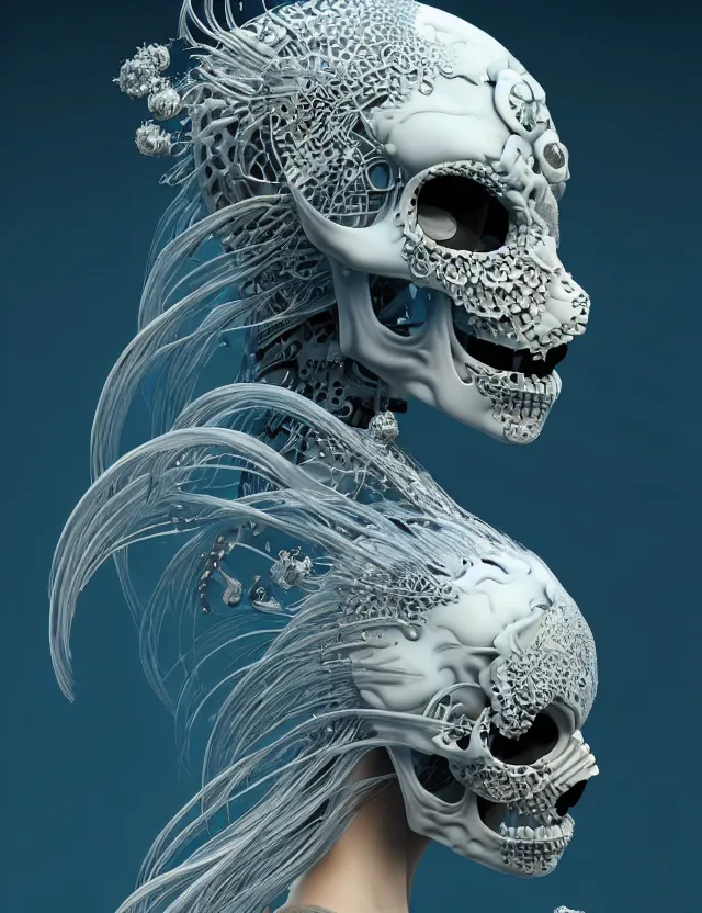 Image similar to 3 d goddess close - up profile simple portrait cybernetic with skull. beautiful intricately detailed japanese crow kitsune mask and clasical japanese kimono. betta fish, jellyfish phoenix, bio luminescent, plasma, ice, water, wind, creature, artwork by tooth wu and wlop and beeple and greg rutkowski