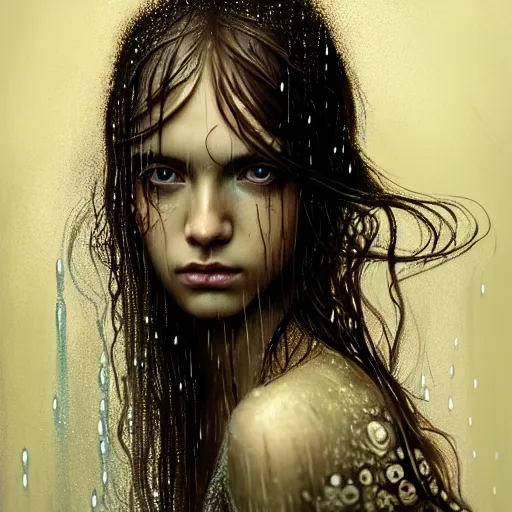 Image similar to portrait of a girl in the rain with wet hair and face, fantasy, intricate, elegant, dramatic lighting, emotionally evoking symbolic metaphor, highly detailed, lifelike, photorealistic, digital painting, artstation, concept art, smooth, sharp focus, illustration, art by John Collier and Albert Aublet and Krenz Cushart and Artem Demura and Alphonse Mucha