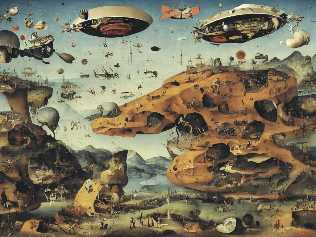 Image similar to dream bot mothership above a giant forehead. painting by bosch, walton ford