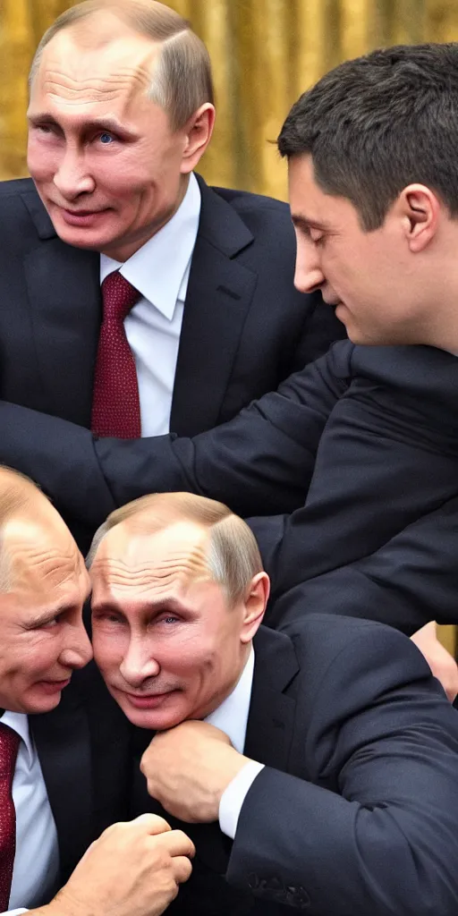 Image similar to Vladimir Putin kissing Volodymyr Zelenskyy