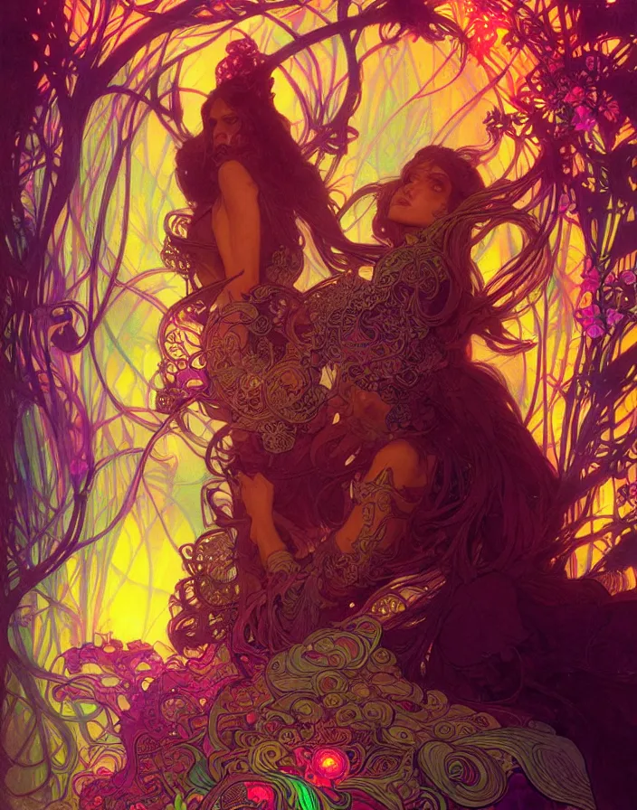 Image similar to psychedelic acid trip, blacklight reactive, fantasy, intricate, elegant, highly detailed, digital painting, artstation, concept art, matte, sharp focus, illustration, art by Artgerm and Greg Rutkowski and Alphonse Mucha