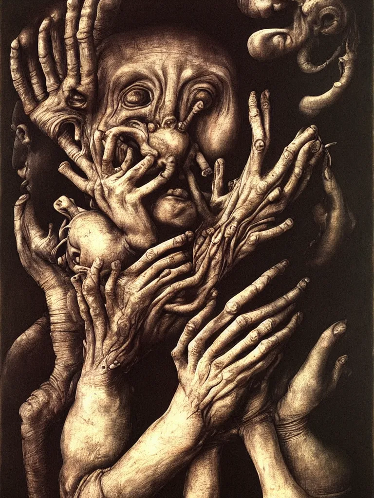 Image similar to a boy like eraserhead and elephant man with his hand, looking straight into camera, screaming in desperation, by giuseppe arcimboldo and ambrosius benson, renaissance, fruit, intricate and intense oil paint, a touch of beksinski and hr giger and edward munch, realistic, rules of composition, headspace