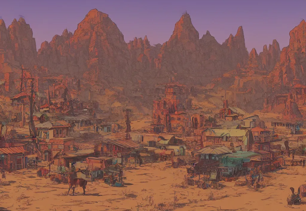 Image similar to handmade illustration of an old west city landscape, far west, line art, ink, watercolor by Kilian Eng and by Jake Parker, winning-award masterpiece, fantastic, octane render, 8K HD Resolution, High quality image