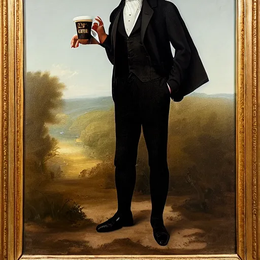 Image similar to portrait of a man wearing a black suit jacket and with amazon milk frog as his head, tan vest, and white ascot, an american romanticism painting, a portrait painting, cgsociety, soft focus, oil on canvas