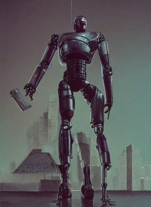 Image similar to RoboCop (1987), very low angle photograph, very detailed, trending on artstation, hyperrealistic, soft colors, simon stålenhag, lovecraft, horror