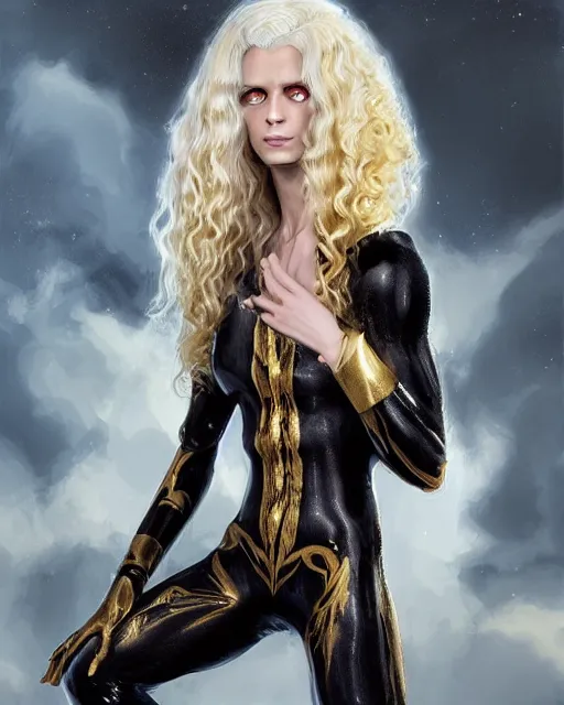 Image similar to Lucius as an androgynous albino prince in a black gilded obsidian bodysuit, long fluffy golden blonde curly hair, digital painting, muscular young man, sci-fi setting, symmetrical features, Daniel Gerhartz, high detail intricate, artstation, WLOP, Artgerm, J. Scott Campbell; Olivia De Berardinis, Daniel Gerhartz, jack kirby, mysterious vibes