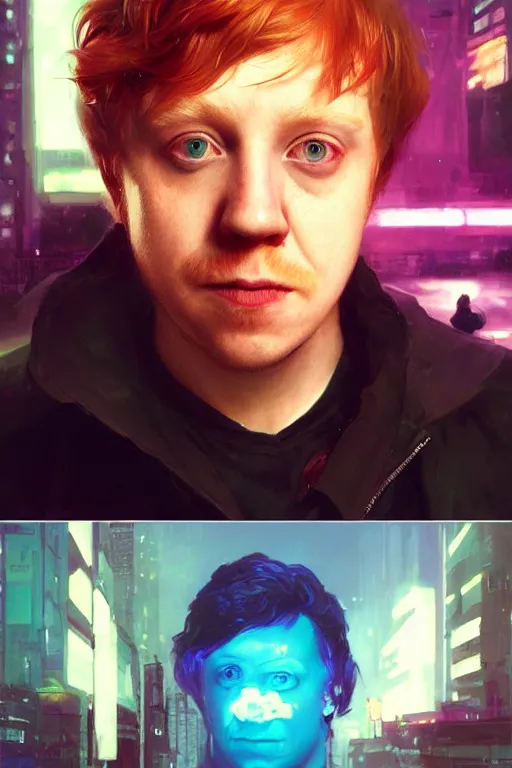 Prompt: portrait of Rupert Grint as Ron Wisly in cyberpunk, neon lighting, night city, digital art from artstation by Ruan Jia and Mandy Jurgens and Artgerm and william-adolphe bouguereau and Greg Rutkowski and Wayne Barlowe