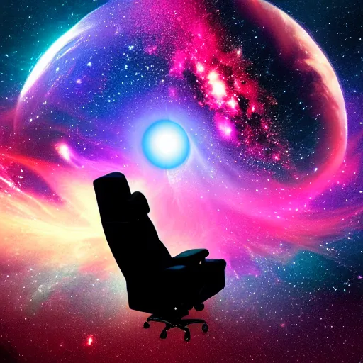 Image similar to a person floating out of their recliner chair, dramatic galaxy background scene, stars planets suns