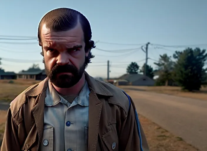 Image similar to film still of jim hopper as dustin henderson in stranger things, 8 k