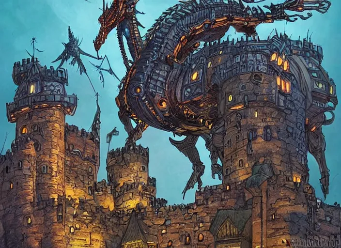 Prompt: intricate fantasy comic book drawing of a giant mechanical dragon over a castle by dariusz zawadski and simon stalenhag, simon bisley, jack kirby and gris grimly, cinematic, epic, awesome color palette