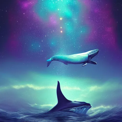 Image similar to portrait of whale swimming on a night sky, swimming across the universe, nebulae, purple and blue, galaxies, oniric, dreamy, beautiful, highly detailed, cinematic, trending on artstation