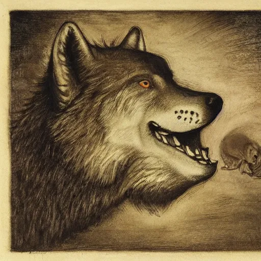 Prompt: head of a half man half wolf by Odd Nerdrum, by Francisco Goya, by M.C. Escher, fairy-tale illustration style, very detailed, colorful, beautiful, eerie, surreal, psychedelic