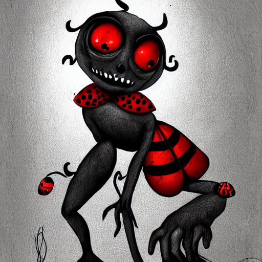 Image similar to ladybug as a monster character, fantasy art style, scary atmosphere, nightmare - like dream