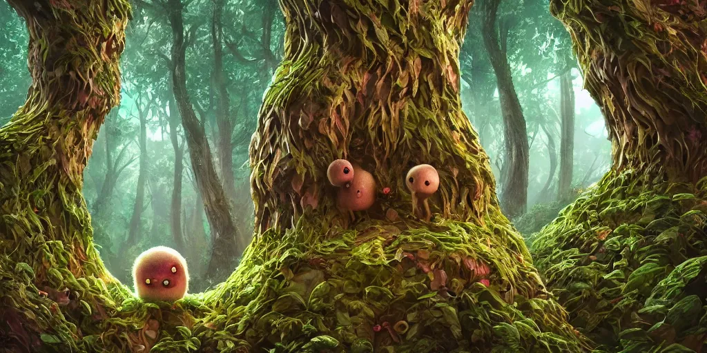 Image similar to of an intricate forest with strange cute friendly happy creatures with huge eyes, mouth, long tongue, round teeth and goofy face, appearing from the background, in the style of gehry and gaudi, macro lens, shallow depth of field, ultra detailed, digital painting, trending artstation, concept art, illustration, cinematic lighting, photorealism, epic, octane render