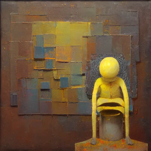 Prompt: an impasto painting by shaun tan and dan mcpharlin of an abstract forgotten sculpture by the caretaker and ivan seal