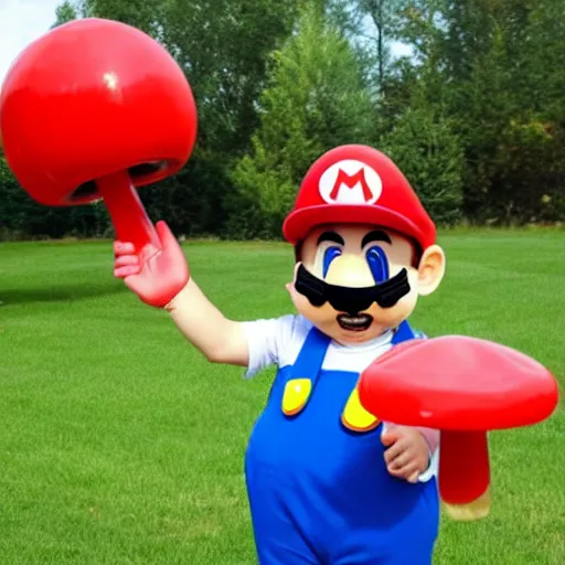 Image similar to man dressed in bootleg knockoff super mario bros. costume holding a red plastic mushroom standing in a yard.