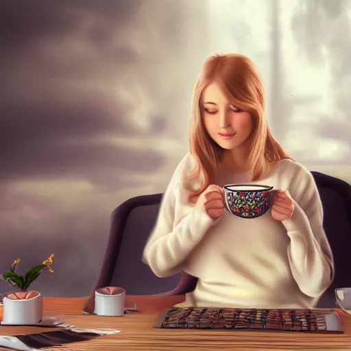 Prompt: highly detailed matte painting of russian girl drinking tea while programming, realistic,