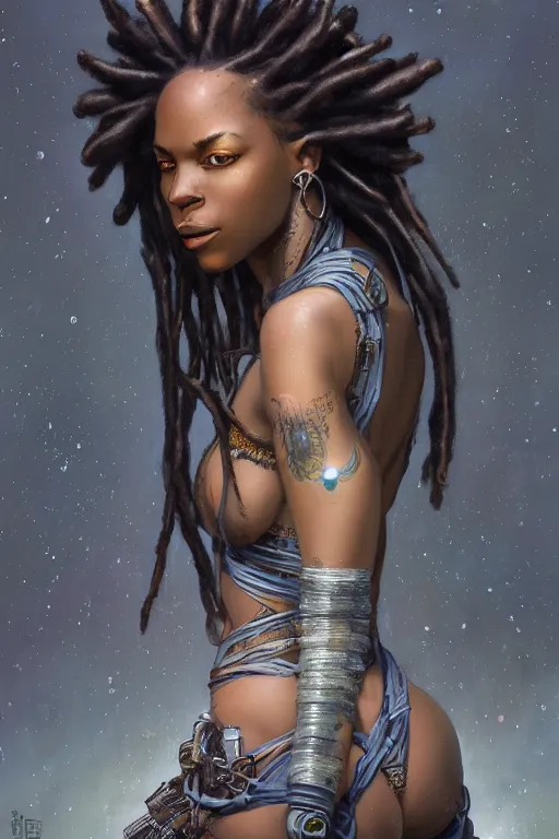 Image similar to ultra realistic illustration, closeup studio photo, black woman with dreads, hacknaut cyberpunk, sci - fi, fantasy, intricate, elegant, highly detailed, digital painting, artstation, concept art, smooth, sharp focus, illustration, art by artgerm and greg rutkowski and alphonse mucha