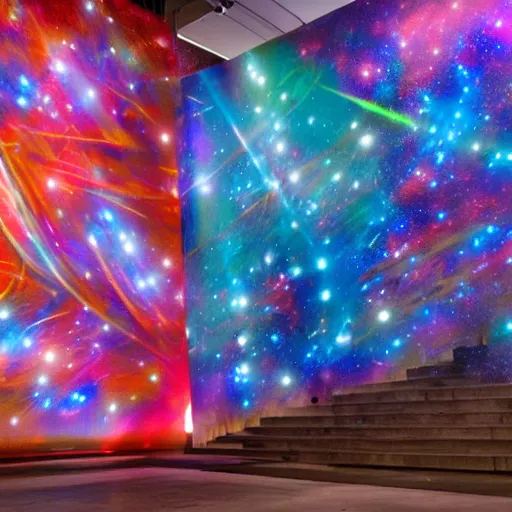 Prompt: an art exhibit featuring spray painted galaxies and sculptures of stars and light projection mapping
