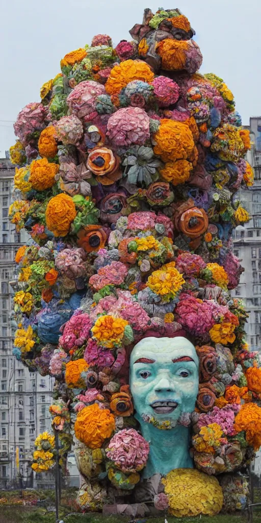 Image similar to colossal grotesque flower statue made from Lenin heads and colorful alien flowers in the middle of abandoned early soviet constructivist cityscape, Stalinist architecture, ultradetailed by Hayao Miyazaki and Josan Gonzalez and Makoto Shinkai and Giuseppe Arcimboldo and Wes Anderson