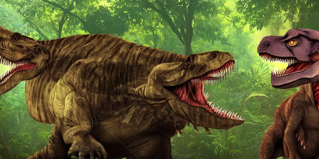 Image similar to tyrannosaurus rex with a cat's head, jungle background