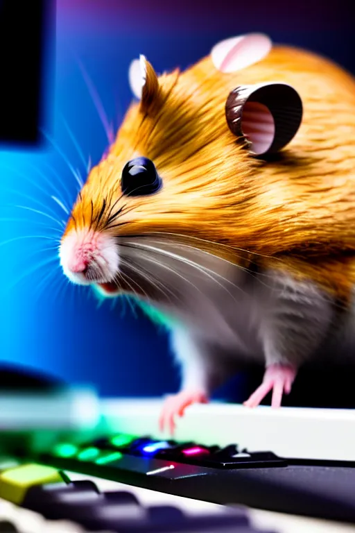 Prompt: a hamster using a gaming pc, 8 k, award winning photograph, portrait, detailed face, highly - detailed