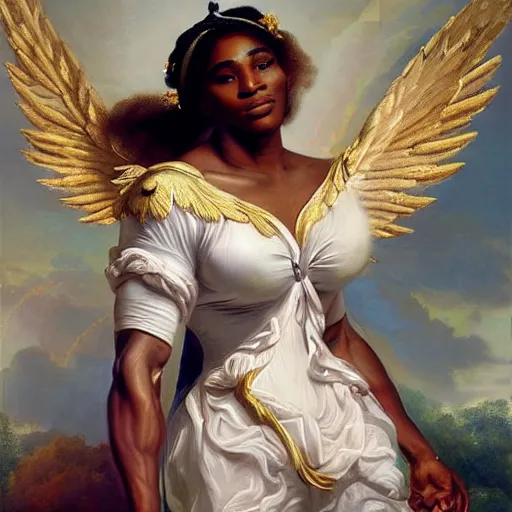 Image similar to Portrait of Serena Williams with wings as Nike Goddess, large wings, luxuriant, dreamy, eternity, romantic, strong pose, highly detailed, in the style of Franz Xaver Winterhalter, highly detailed, in the style of Aetherpunk