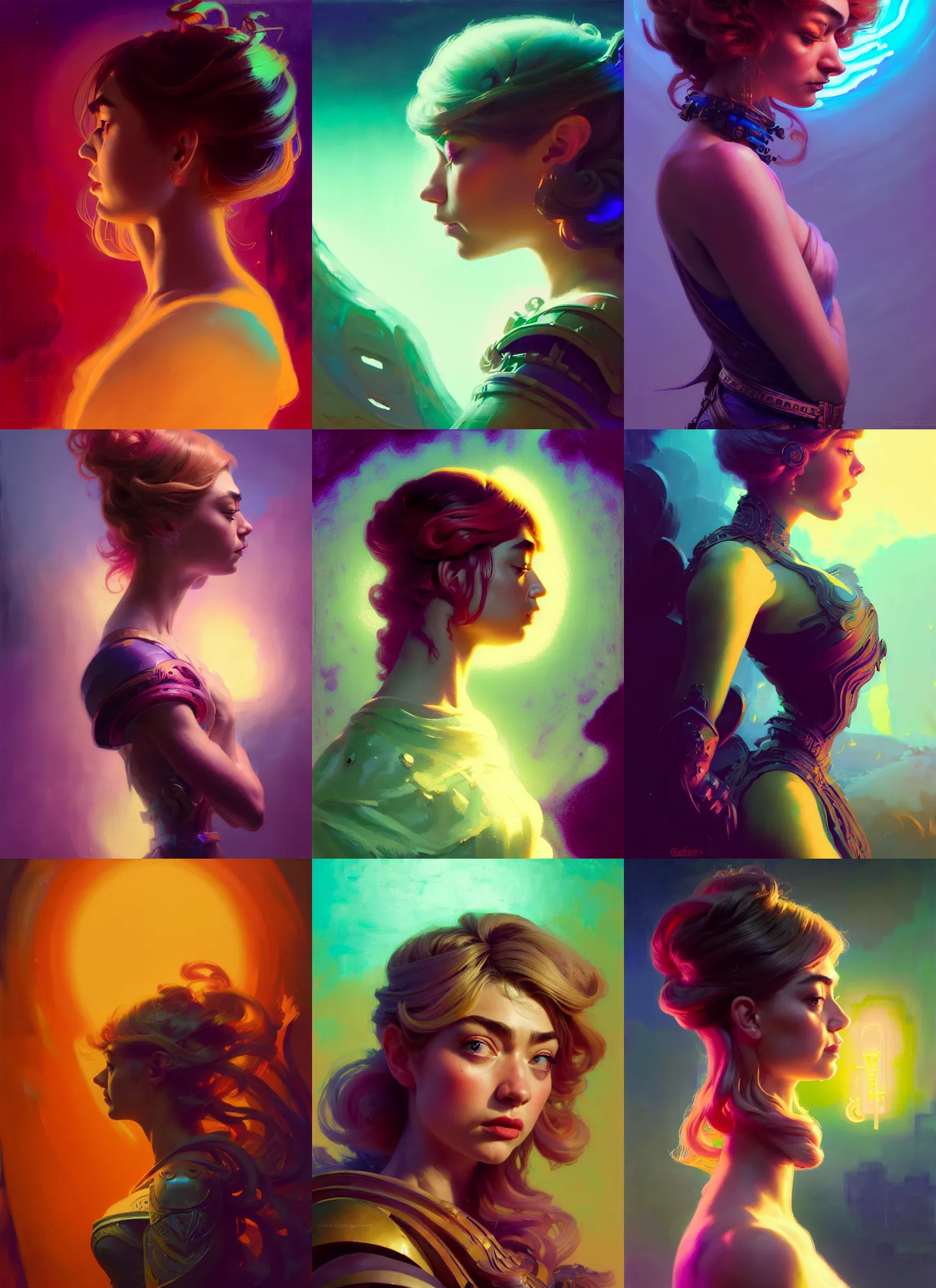 Prompt: side portrait, imogen poots, paladin, gloomhaven, organic painting, hard edges, psychedelic, neon, art nouveau, luminescent, octane render, by greg manchess, huang guangjian, gil elvgren, sachin teng, greg rutkowski, jesper ejsing, rhads, ilya kuvshinov