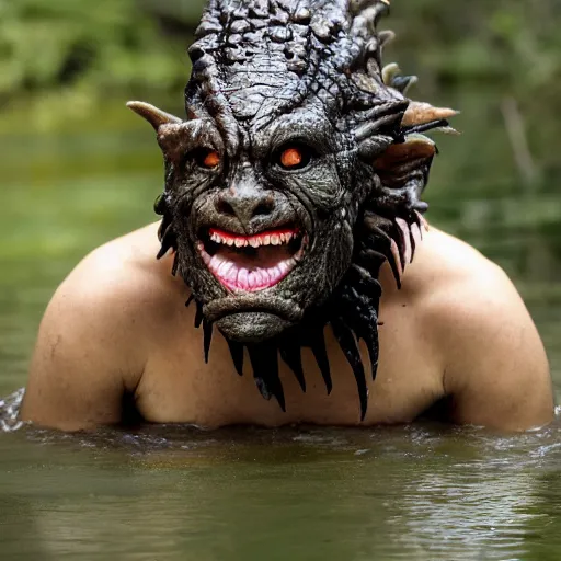 Image similar to human crocodile werecreature, photograph captured at woodland creek