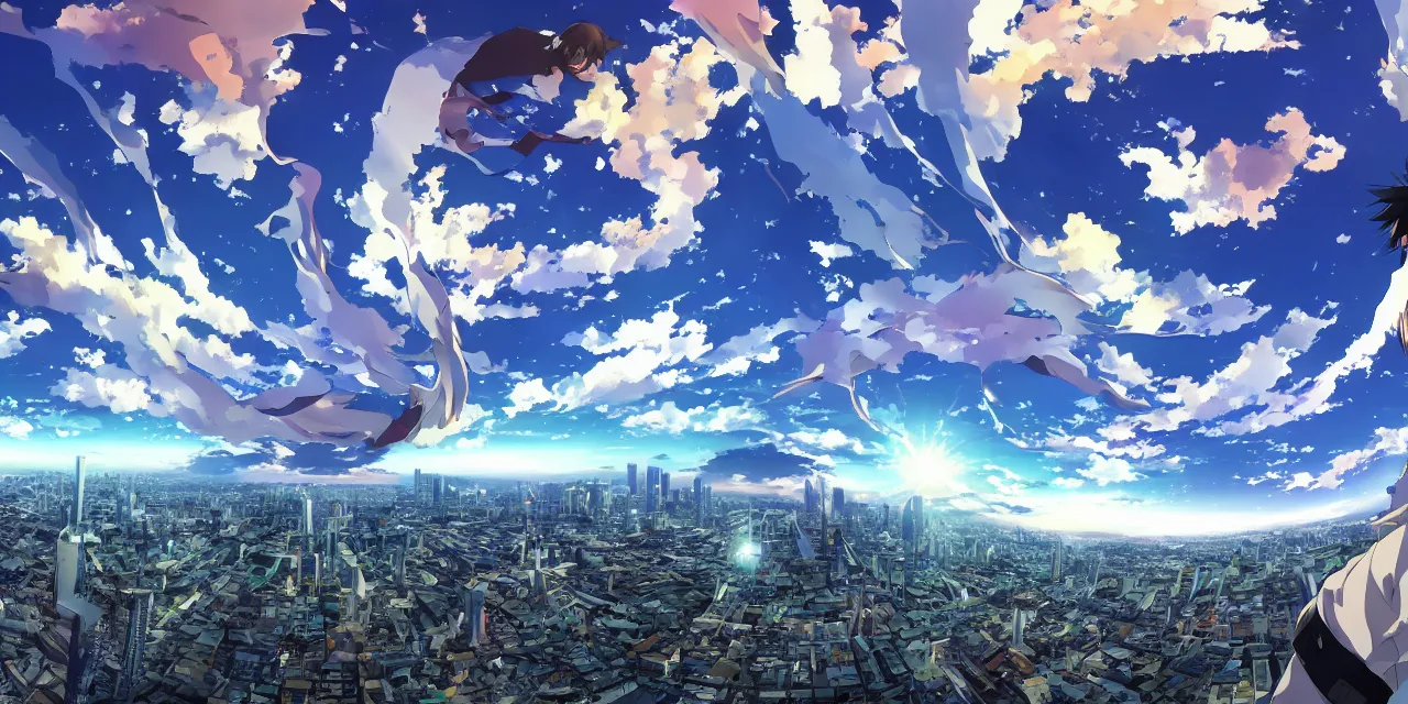 Image similar to Beautiful anime sky by Shinkai Makoto, 360° panorama