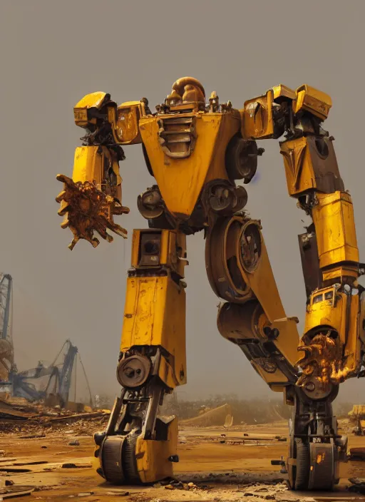 Prompt: a rusty old yellow colored big humanoid mech robot is helping out workers at chittagong ship breaking yard, matte painting, 8 k, artstation, octane, low camera angle, cinematic composition